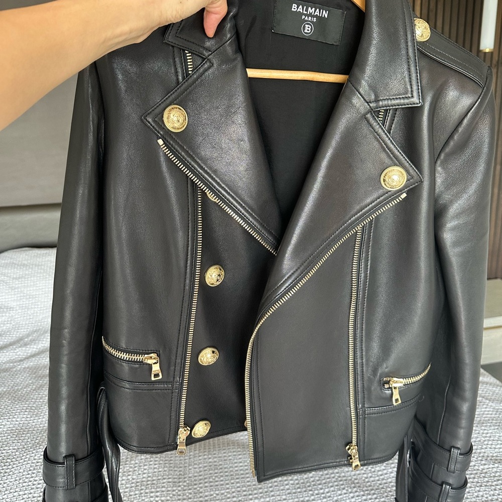 Balmain Black Leather Jacket with Gold Accents